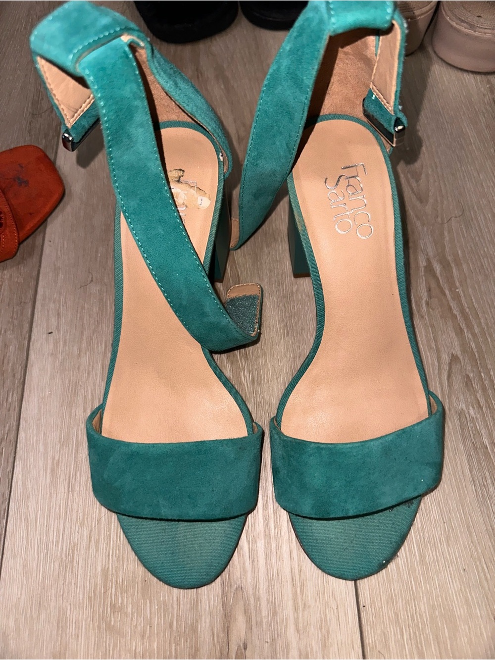 Franco Sarto Teal Suede Block Heel Sandals with Ankle Strap